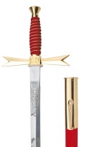 Masonic Sword, red Grip, round, masonic etching, red scabbard with hook