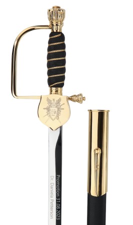 Doctoral sword with leather sheath and engraved with your personal crest, blade 76 cm long, with floral blade etching