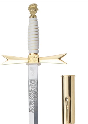 MASONIC SWORD, white Grip / with helmet pommel / with masonic echting / Black leather scabbard with hook