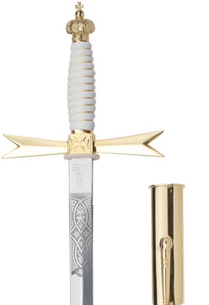 MASONIC SWORD, white Grip / with crown pommel / with masonic echting / Black leather scabbard with hook