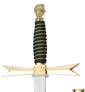 MASONIC SWORD WITH SCABBARD, black Grip / with helmet pommel /blank blade / Black leather with chain