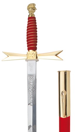 Masonic Sword, red Grip, Helmet, masonic etching, red scabbard with hook