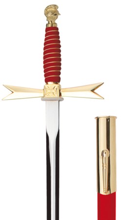 Masonic Sword, red Grip, Helmet, red scabbard with hook