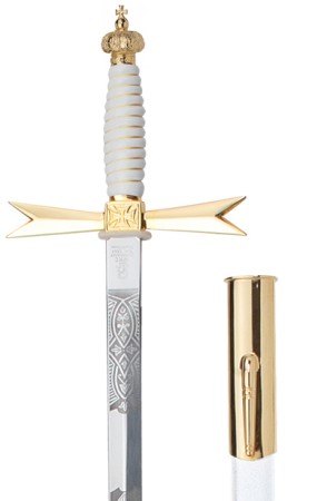 Masonic sword, white handle, crown pommel, acid etching, white scabbard with hook