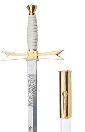 Masonic sword white grip / with round pommel / with lodge etching / white scabbard with hoo