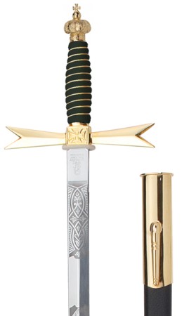 Masonic Sword, black Grip, Crown, with masonic etching, black scabbard with hook