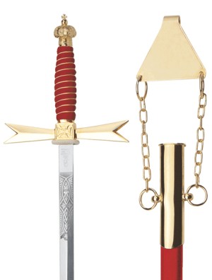 Masonic Sword, red Grip, Crown, masonic etching, red scabbard with chain