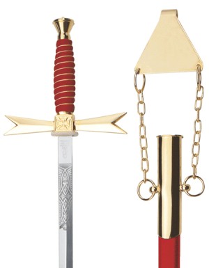 Masonic Sword, red Grip, round, masonic echting, red scabbard with chain