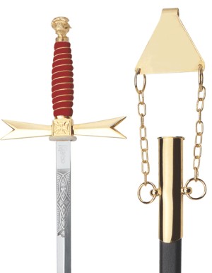 Masonic Sword, red Grip, Helmet, masonic etching, black scabbard with chain