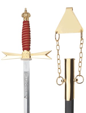 Masonic Sword, red Grip, Crown, masonic etching, black scabbard with chain