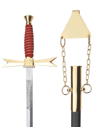 Masonic Sword, red grip, round, masonic etching, black scabbard with chain