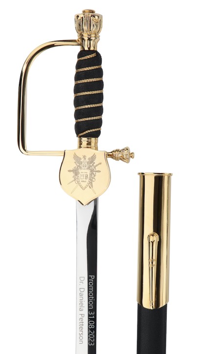 Doctoral sword with leather sheath and engraved with your personal crest, blade 76 cm long, without floral blade etching