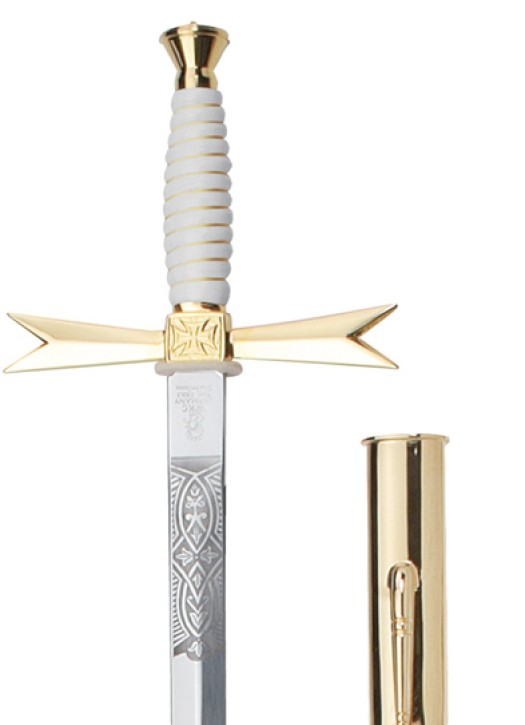 MASONIC SWORD, white Grip / with round pommel / with masonic echting / Black leather scabbard with hook