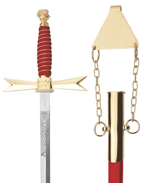 Masonic Sword, red Grip, Helmet, masonic etching, red scabbard with chain