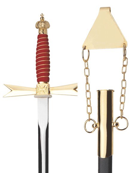 Masonic Sword, red Grip, Crown, black scabbard with chain