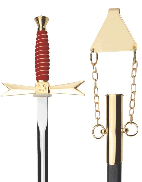 Masonic Sword, red Grip, round, black scabbard with chain